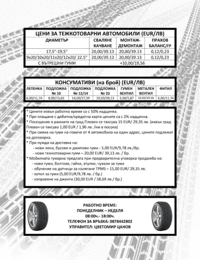 Мобилен 24/7 и стационарен сервиз за гуми "ЗОРНИЦА-ЦЕЦОГУМИ 2" ООД