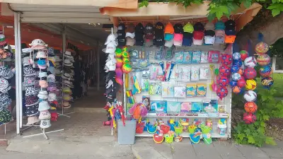 Beach Shop, Post Stamps Cards, hats, slippers, magnets