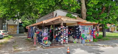 Beach Shop, Post Stamps Cards, hats, slippers, magnets